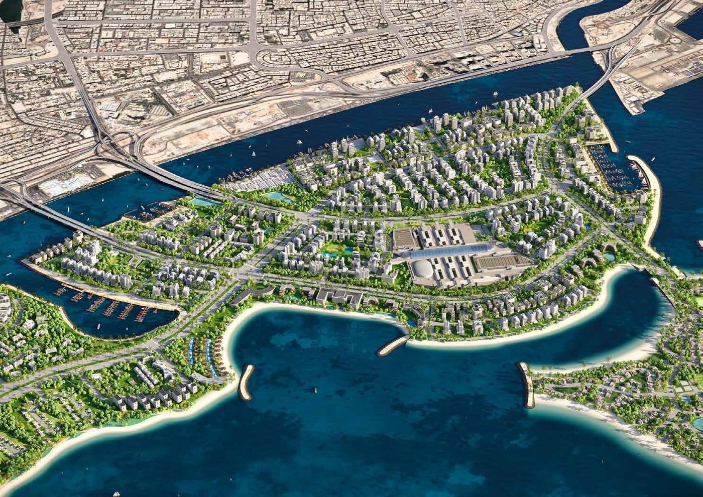 Aerial render of Island A, Dubai Islands, with the mainland and its bridges behind