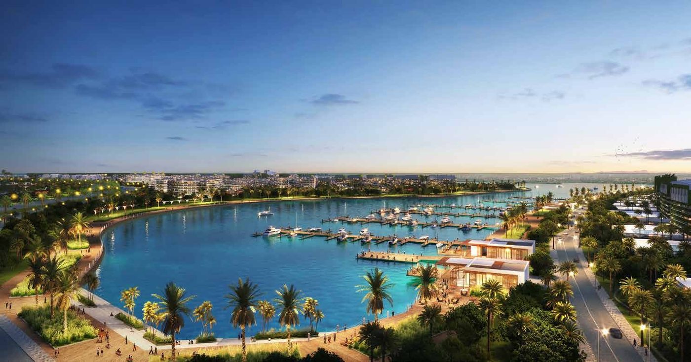 Render of a marina on Island A, Dubai Islands, at dusk