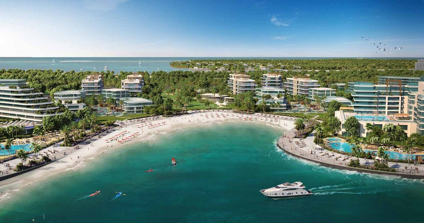 Render of beachfront apartments and a bay on Island B, Dubai Islands