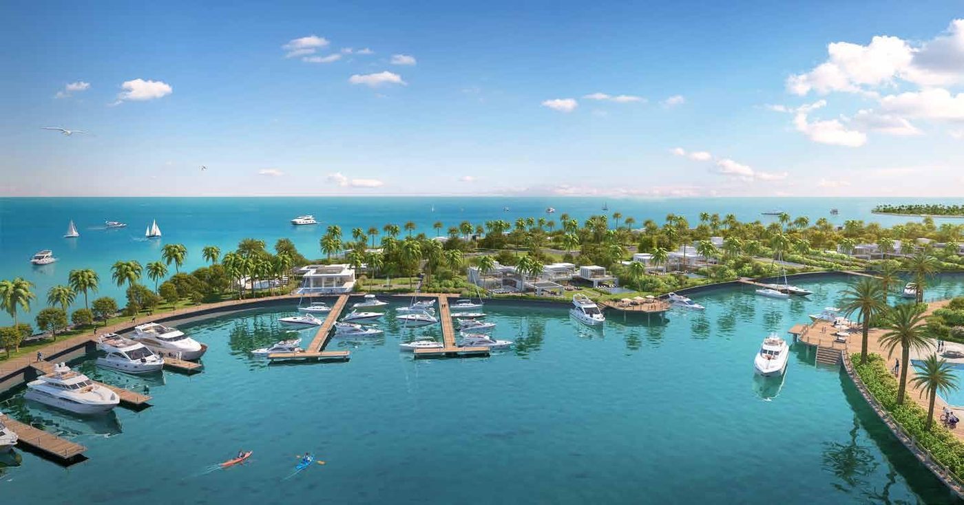 Render of estate villas and a private marina on Island E, Dubai Islands