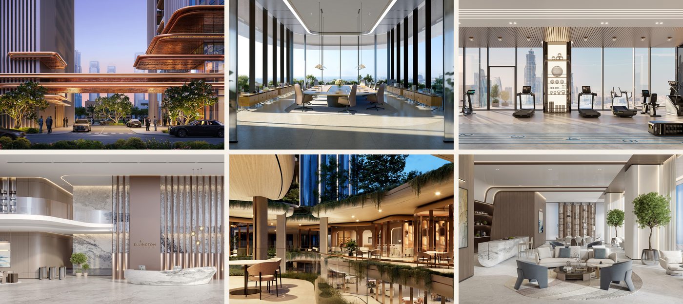 Six renders from Berkeley Tower and Lumena: a drop-off, a meeting suite, a fitness studio, a lobby, a dining podium and a co-working lounge