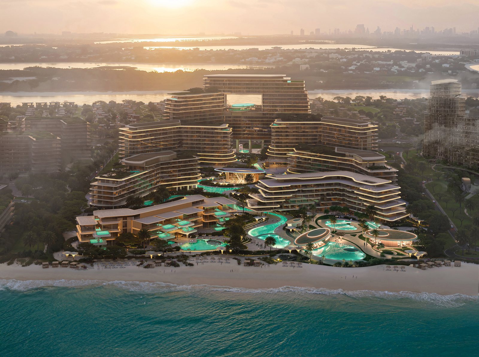 Render of The Meriva Collection by Ellington Properties at sunset, Island B, Dubai Islands