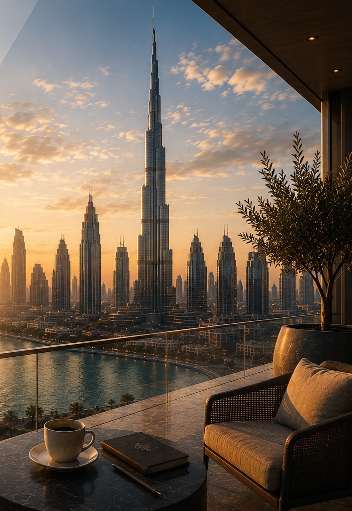 Dubai skyline seen from a terrace at sunset