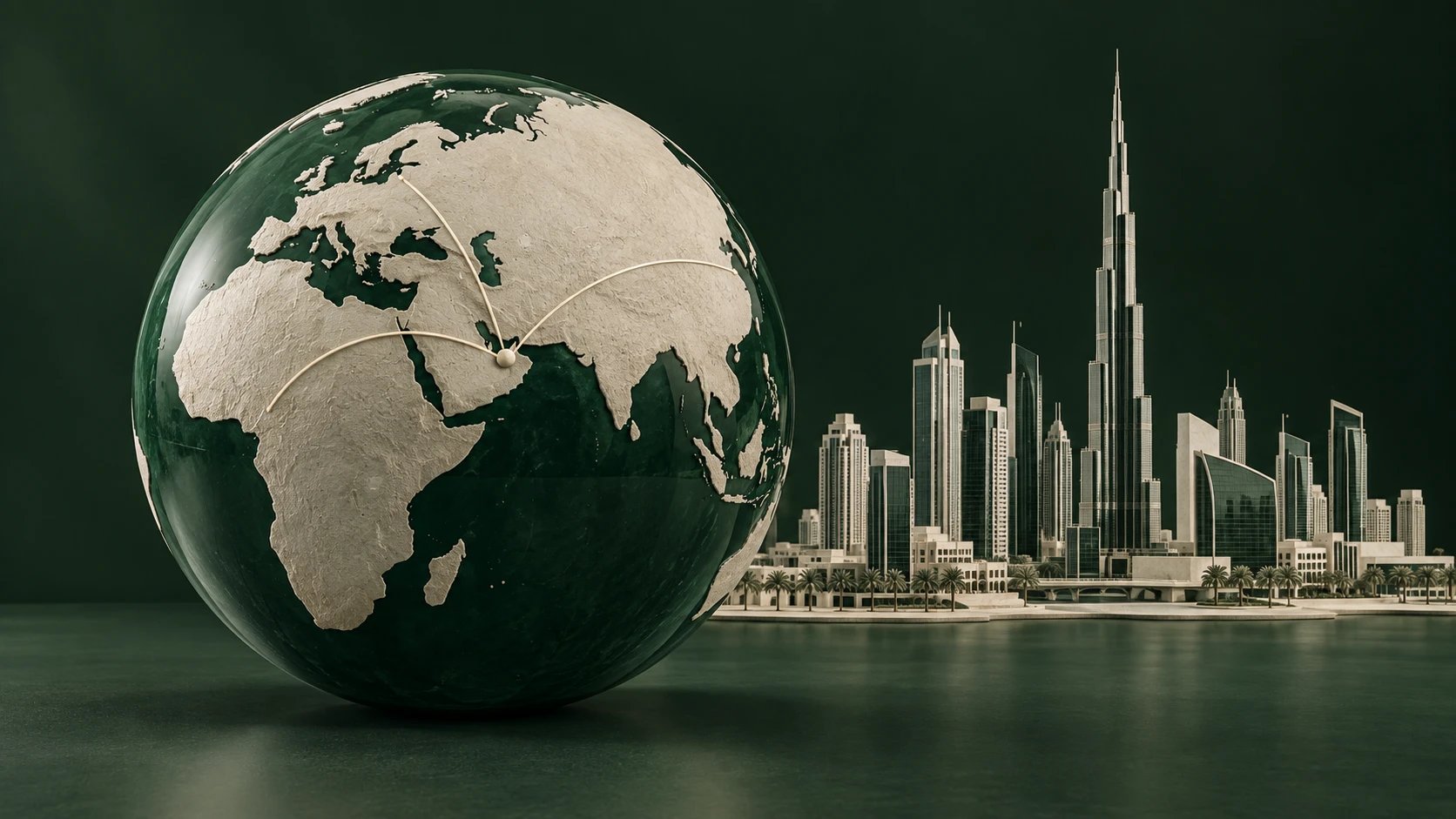 A globe with trade routes converging on Dubai beside the Downtown skyline