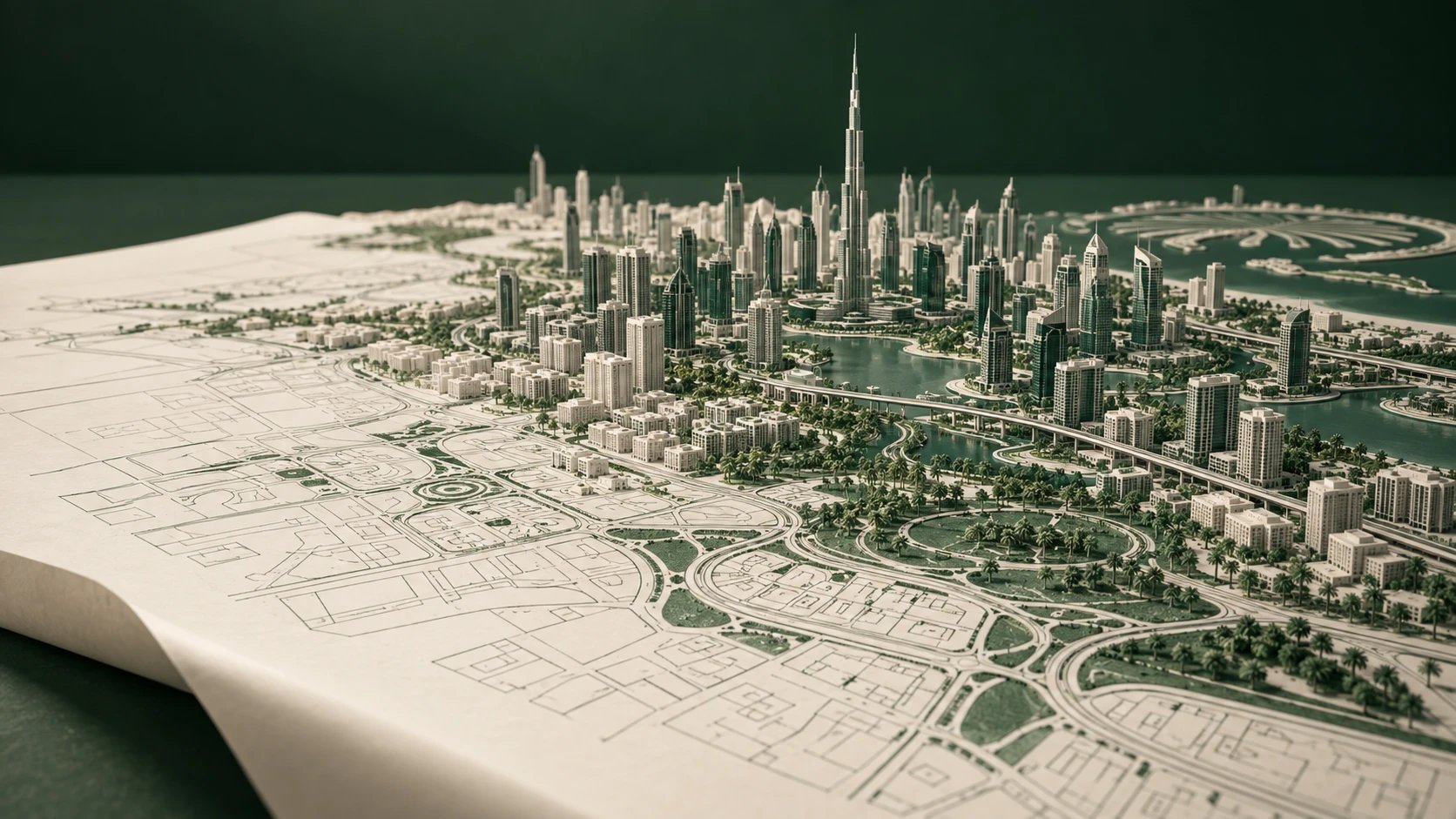 A drawn city plan rising into a model of Dubai