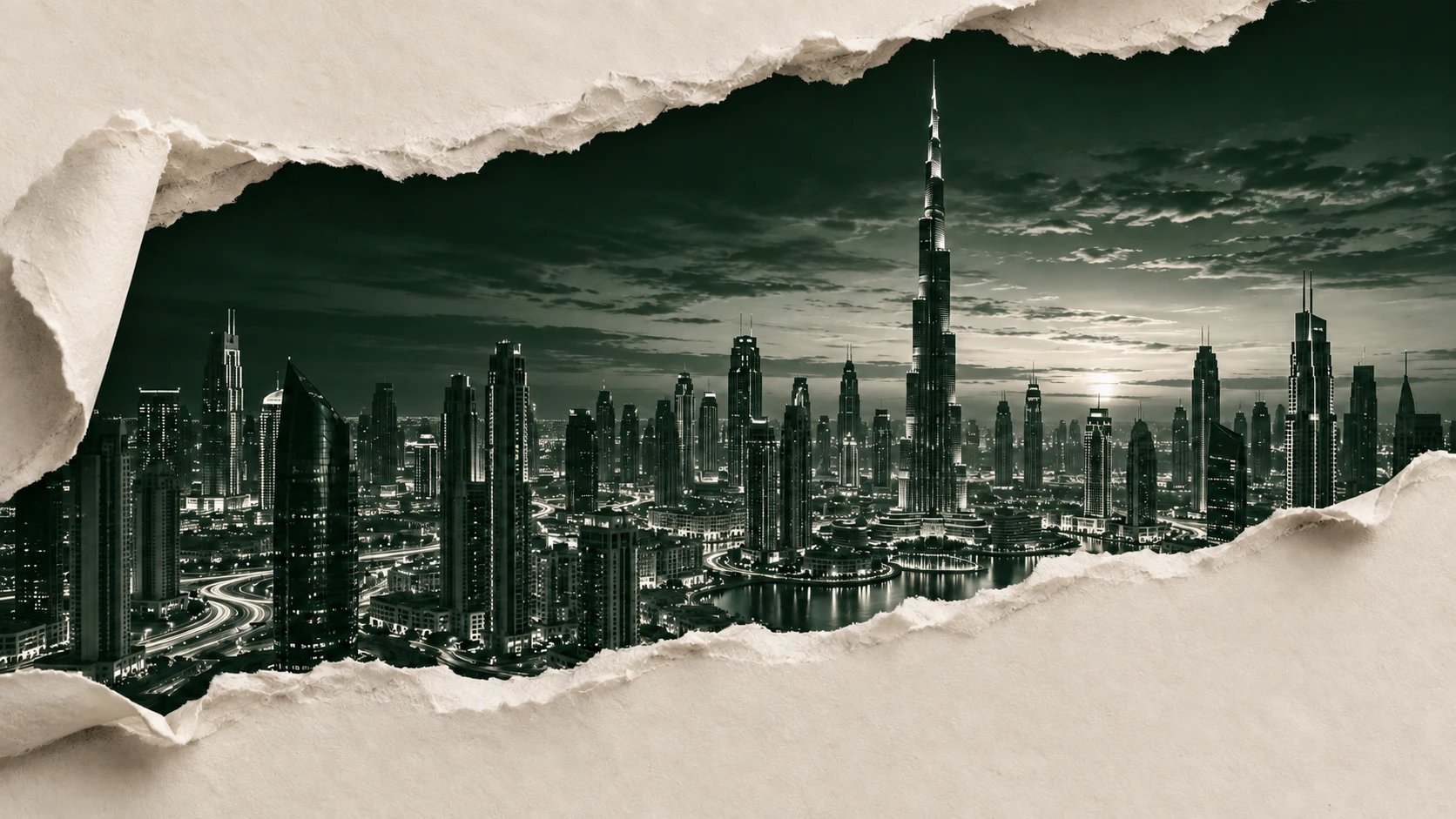 Dubai skyline at night revealed through torn paper