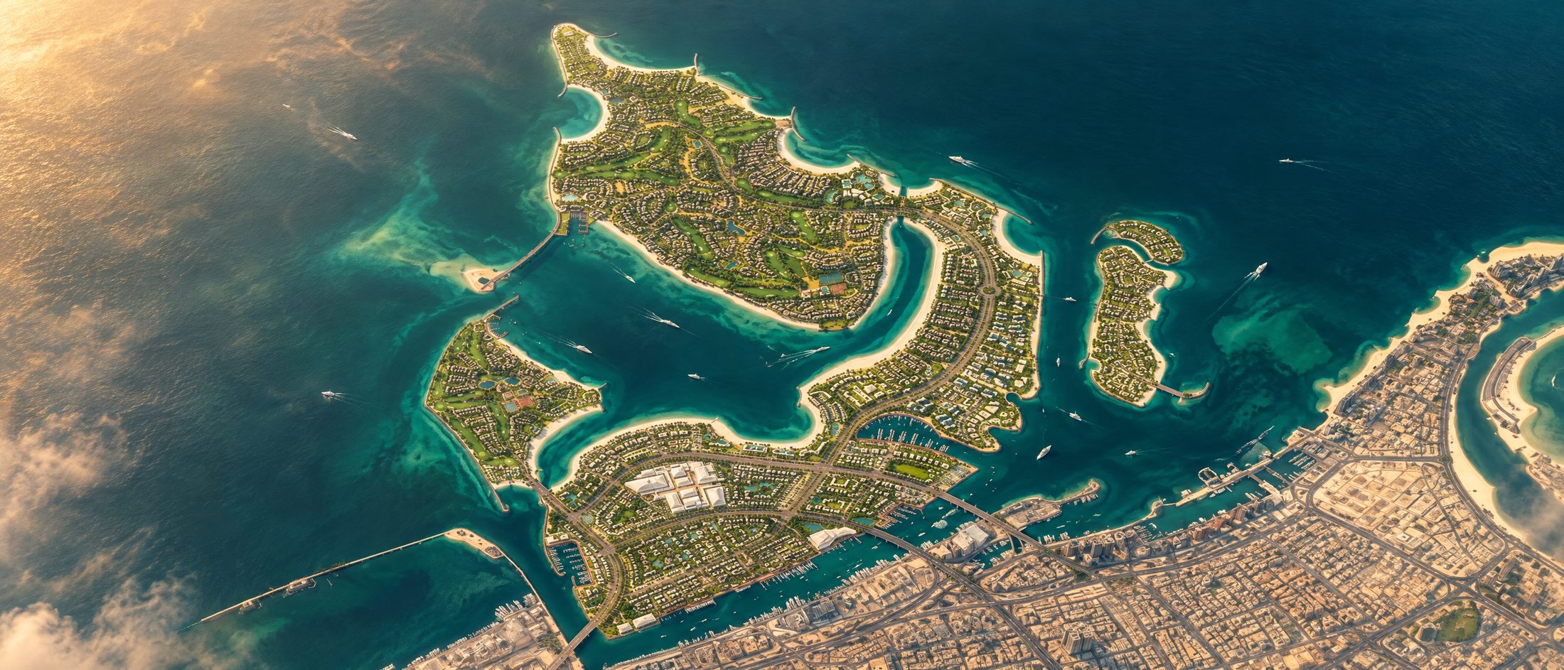 Artist&rsquo;s impression of Dubai Islands from the air at golden hour, based on the master developer&rsquo;s vision plan